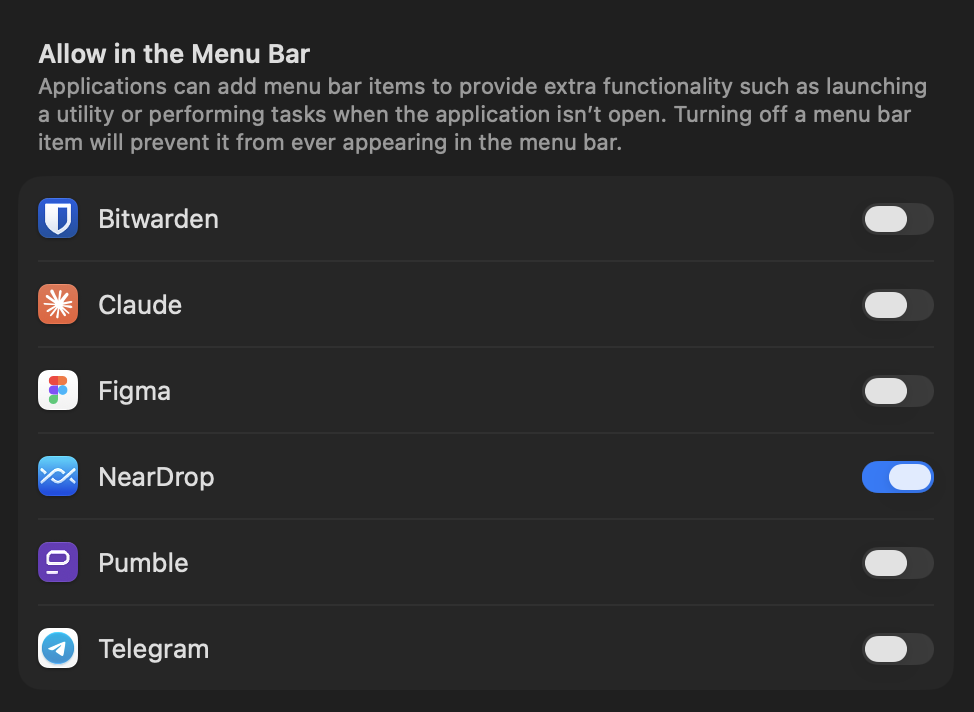 macOS 'Allow in the Menu Bar' settings with menu bar items turned off for most apps